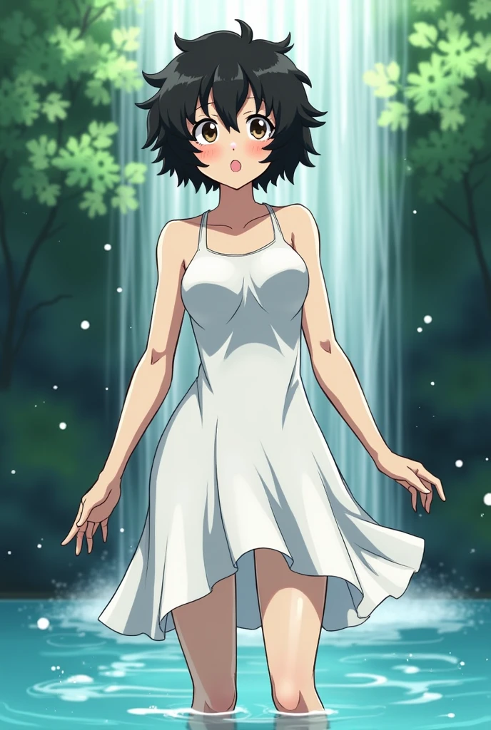 score 9, source anime, wide shot, from below, a young girl dancing in the rain, dynamic pose, perfect face, playful expression, messy hair, wet skin, rain drops, outdoor garden scene, lush green foliage, overcast sky, dramatic lighting, moody colors, cinematic, best quality, 8k, highres, masterpiece, ultra-detailed,