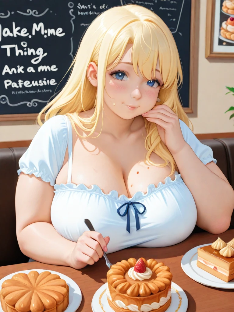 a chubby bottom heavy pear shape hourglass BBW blonde gravure idol sitting at a restaurant eating, she is sitting at an restaurant with a table in front of her eating lots of food, she is eating lots of food while sitting at a restaurant with a table in front of her, she wearing a skimpy spaghetti-strap bikini top with tiny cups and a tight mini-skirt, she smiling sarcastically, she has a chubby round belly and insanely wide hips too, she has a thicc hourglass plus size figure, her boobs are gigantic, her boobs are humongous, her cleavage and side boob overflowing out of her top, her hips are enormously wide, her hips are huge, her hips are massive, her hips are insanely inflated, she has soft chubby arms, her arms are flabby and chubby, enormous breasts, humongous breasts, obscenely large breasts, ridiculously large breasts, extremely massive breasts, bulging breasts, overflowing breasts, massive hips, extremely wide hips, enormous hips, thicc hips, gigantic hips, very bottom heavy figure, very pear-shaped figure, milf figure, she has a chubby round face, she has chubby cheeks, she has plump cheeks, she has a chubby face, side-rolls, love-handles, muffin-top, overflowing fat, bulging fat, jiggly belly, fat belly, plump belly, chubby belly, eating, she eating, eating food, she has blonde hair and a round youthful face, she has a proud smirk on her face, she has a proud smile on her face, realistic skin, realistic textures, realistic skin textures, realistic skin lighting, realistic fat, ultra-realistic fat, realistic curves, realistic plumpness, realistic lighting, realistic face, ultra realism, realistic quality, high definition, very hd, realistic fat, realistic skin, there is a table in front of her with lots of food, she is sitting down with a table in front of her eating, there is a table in front of her, she is leaning forward, she is leaning on the table, she is leaning forward on the table