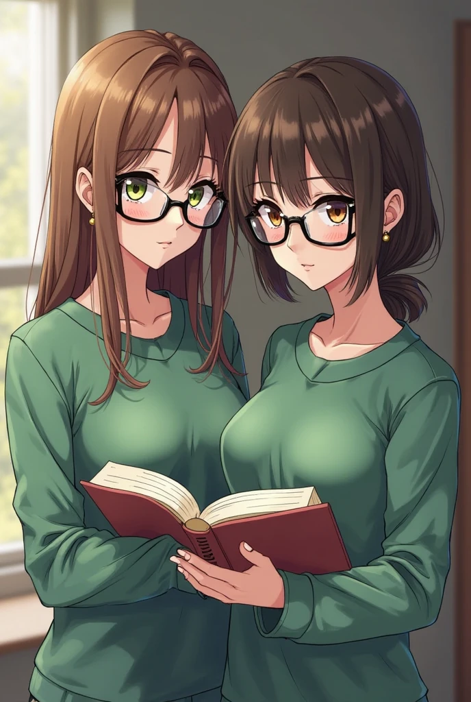 2heads, a short chubby woman with 2 heads. She has gigantic breasts. She is wearing a red plaid flannel shirt. She is outside in the autumn. She looks nerdy. She has massive breasts. She has long frizzy messy brown hair. She has giant breasts.