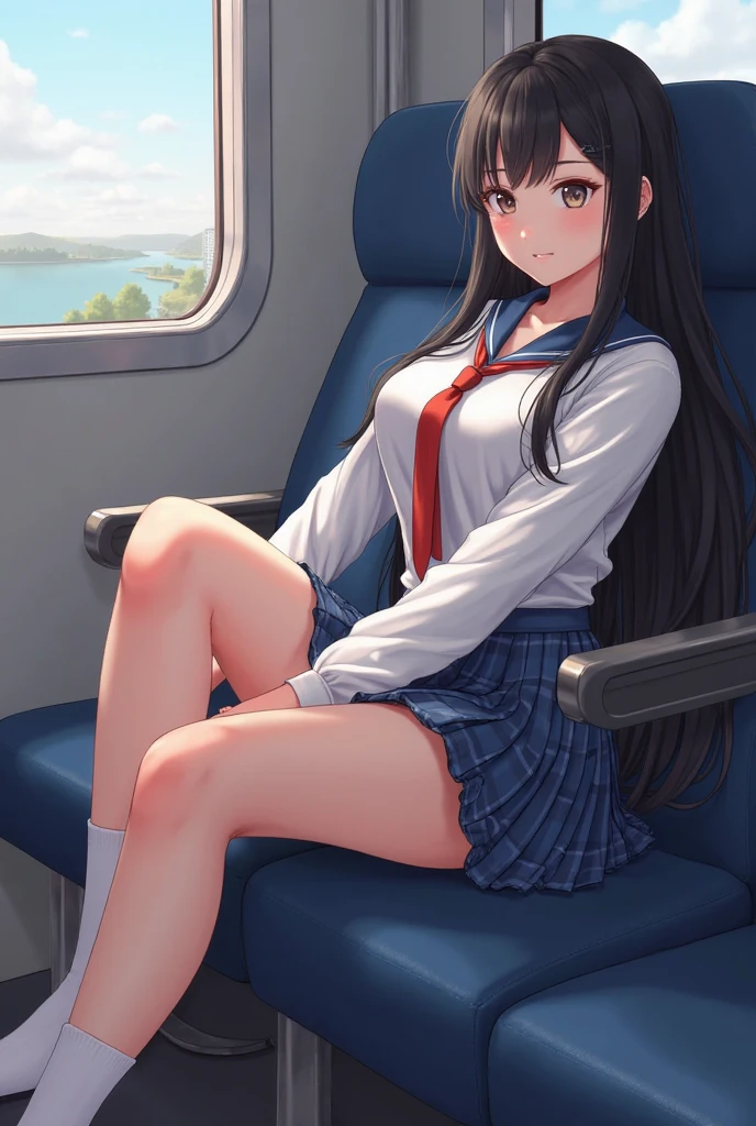 masterpiece, best quality, extremely detailed cg unity 8k wallpaper, high-quality, ultra-detailed, depth of field,beautiful detailed skin, beautiful detailed body,beautiful detailed eyes,sparkling eyes,drooping eyes,beautiful detailed face,cute face,1 mature women,dark hair,yellow eyes,(sailor uniform,(white short sleeve shirt,navy blue collar,(red chest ribbon:0.9),mini skirt)),large breasts,on the train,(white panties),medium thighs,