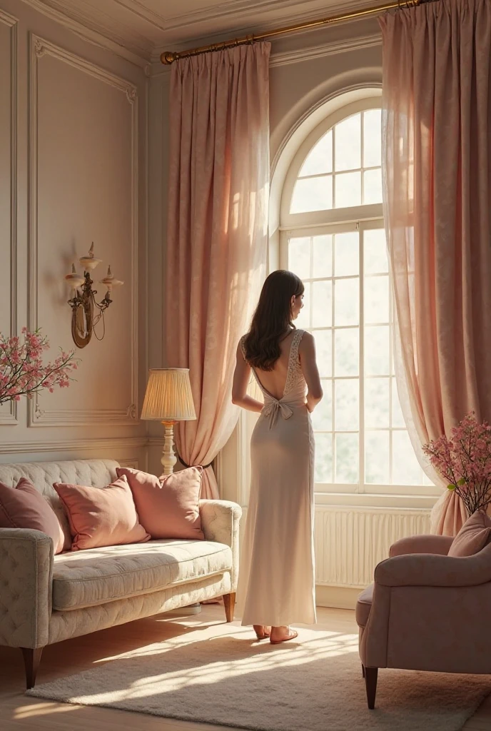 Uma menina de pele morena, olhos pretos, cabelos longos pretos, sentada em frente ao espelho, with various make-up, em uma quarto, quarto branco e rosa, quadros de Paris na parede, a light fixture , Girl is in black and white clothes, imagem baseado no filme Disney pixar