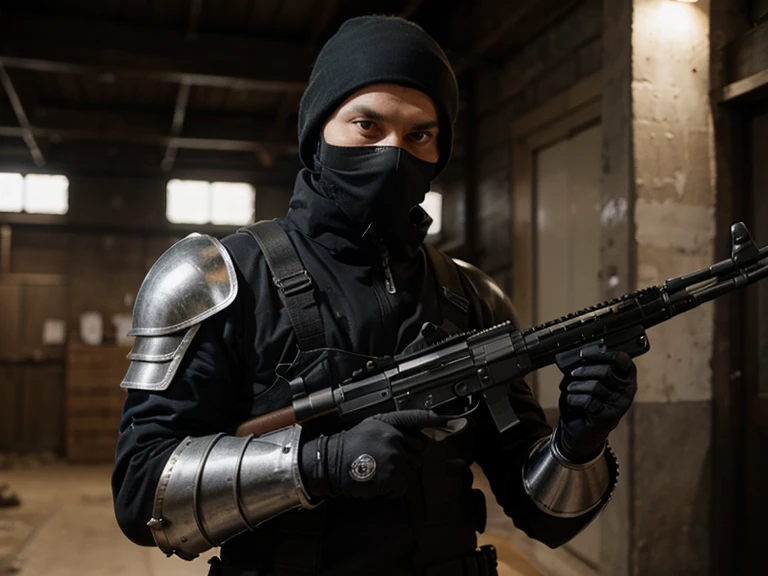 1 man, black uniform, Black cap, Black balaclava, fingerless gloves, black combat boots tactical belt with leg holster, dinamic pose, white background