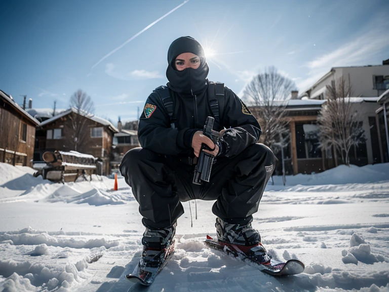 snow, winter, Arctida, balaclava, military , guerilla,  uniform, print , photo , person, fashion,  boots, sunglasses,  <lora:lowfi:1>