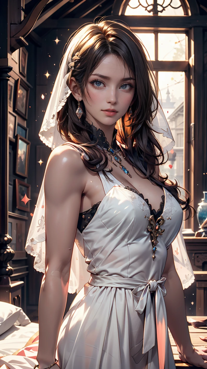 (8K, RAW Photos, Highest quality, masterpiece:1.2), (Realistic, photo-Realistic:1.37)、Earrings, eyelash, pantyhose、セクシーな的なsmile、 (Shiny skin:1.05)、Background blur((depth of field))、、long hair、My hair is wavy、23-year-old white woman with unparalleled beauty、blue eyes、Dark Blonde、Hair is wavy、long hair、The ends of the hair are curled upwards、She wears a red belly dance costume with lots of decorations.、smile、Wearing a choker made of black lace、dancing lively、A blizzard of flowers is occurring、art nouveau background(mout veil))、Sexy proportions、Sexy、Narrow waist