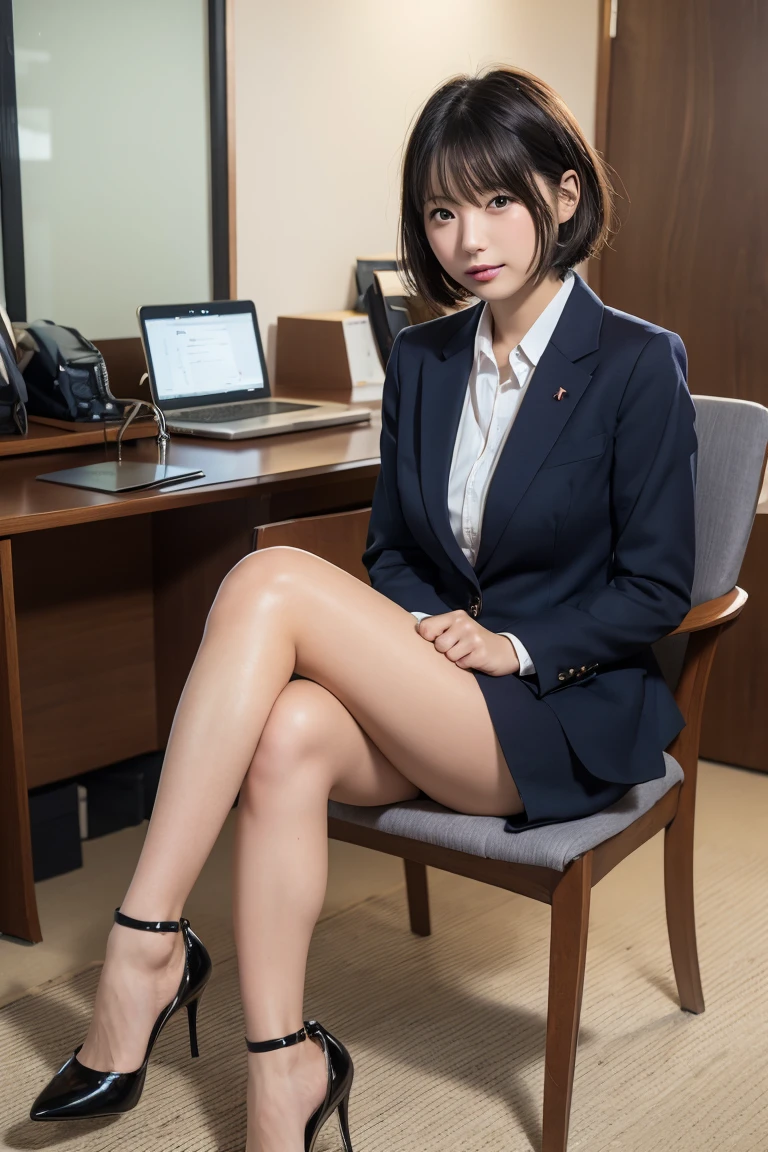 (8k, RAW photo, 1 girl, red panties, medium hair, suit, light blue skirt, high heels, super high resolution, best quality, masterpiece: 1.2), (realistic photos), (very detailed CG Unity 8k wallpaper), amazing, beautiful, wonderful, ridiculous, lace panties, bow, sitting, panty shot, spread legs, skirt, 21 years old, glasses, Small, Flat, Beautiful Face, Full Body, Dark Expression, Bright Black Eyes, Anger, Thin, Slender, Slender Body, Black Medium Tilted Head, Realistic, Cute Small Face, Bob Cut, Brown Eyes, Small Eyes, Office, Full Body, Nogizaka Idol, Actress, Japan Idol