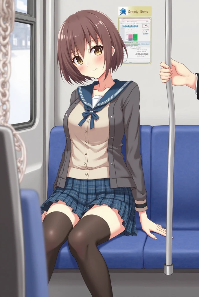 {{{on the train}}}, train interior, masterpiece, 1girl, sitting, school uniform, miniskirt, sitting, smirk, evil smile, skirt lift, show of panties, spread legs, front view of front seat, looking at viewer