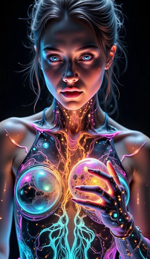 The artwork features a mesmerizing female figure composed entirely of the visualized data of quantum effects in rhodopsin photoisomerization. She bridges the gap between molecular biology and quantum mechanics, with her skin shifting from deep purple to vibrant red, representing the absorption spectrum of rhodopsin. Her core showcases the intricate structure of rhodopsin molecules, with glowing pillars forming her skeletal structure. Her hair is composed of cascading streams of photons, visualized as both particles and waves. At her core, the dynamic process of retinal isomerization is depicted as a constant, fluid morphing of molecular structures. The artwork also features ripples of quantum coherence, synchronized wave patterns, and threads of light representing quantum entanglement., cinematic, 3d render, poster