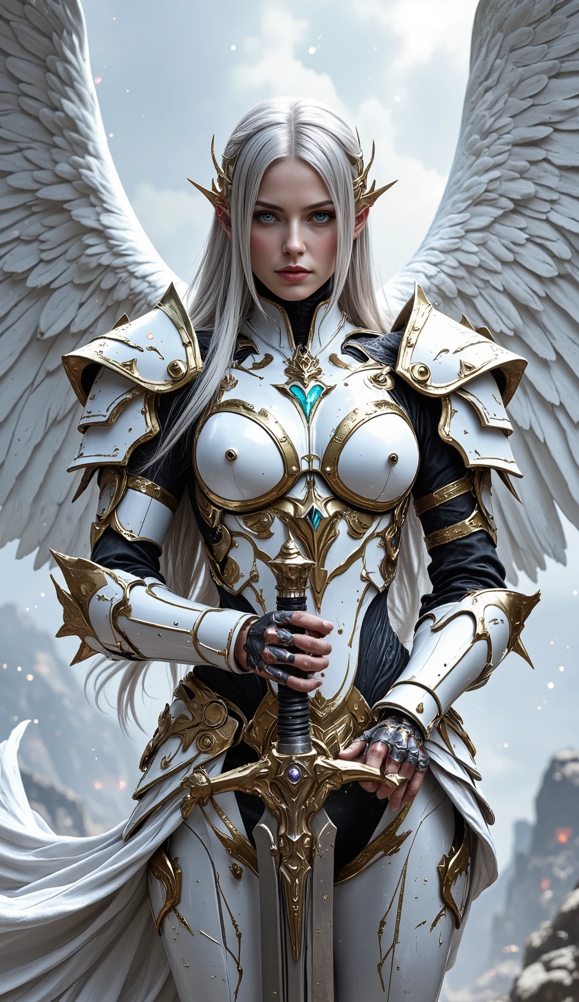 (realistic, Solo, 1girl wearing cyber armor, beautiful blue eyes, long silver hair, holographic archangel wings, (huge breasts: 1.3), (nude: 0.8) (simple glowing background:1.25), (holding giant sword in front of her, holding sword:1.3), masterpiece, best quality, high-angle, Hyperdetailed, masterpiece, best quality, 8k, natural lighting, diffused moonlight glow, sunlight, HDR (High Dynamic Range), Maximum Clarity And Sharpness, Multi-Layered Textures white and bronze armor