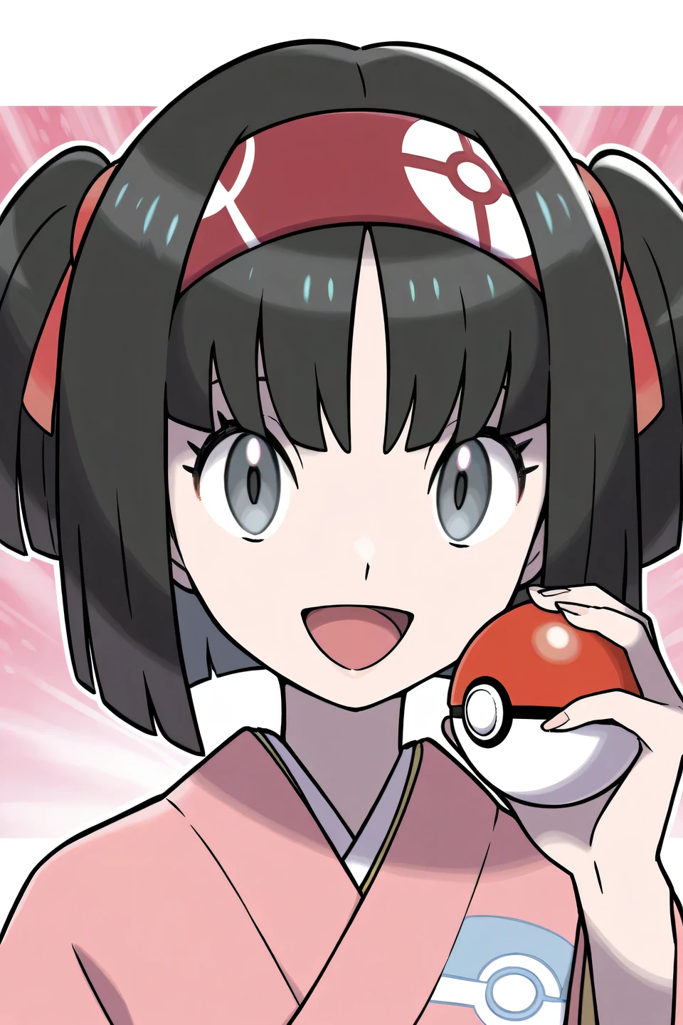 Erika_(pokemon), 1girl, solo, black_hair, hair_ornament, straight_hair, blunt_bangs, blunt_ends, two_side_up, hair_ribbon, red_ribbon, alternate_hairstyle, hairband, red_hairband, grey_eyes, eyelashes, kimono, pink_kimono, poke_ball_print, poke_ball, holding, holding_poke_ball, happy, excited, open_mouth, smile, beautiful_detailed_eyes, portrait, masterpiece, best_quality, intricate_details, looking_at_viewer, absurdres, artist_sugimori_ken