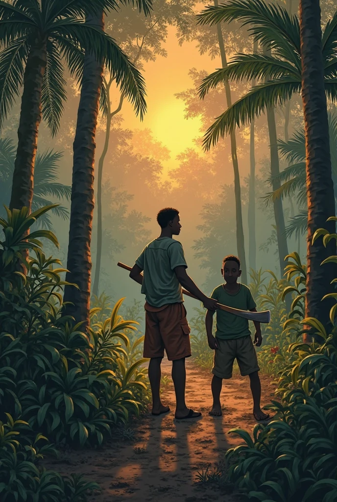 At dawn, the hunter returns to find his trap empty under the Peepal tree. He looks disappointed and frustrated as he realizes his plan has failed. Haran watches from a distance, proud and relieved that his strategy to protect Chiku has worked. The jungle is calm again, with the hunter retreating in defeat."
