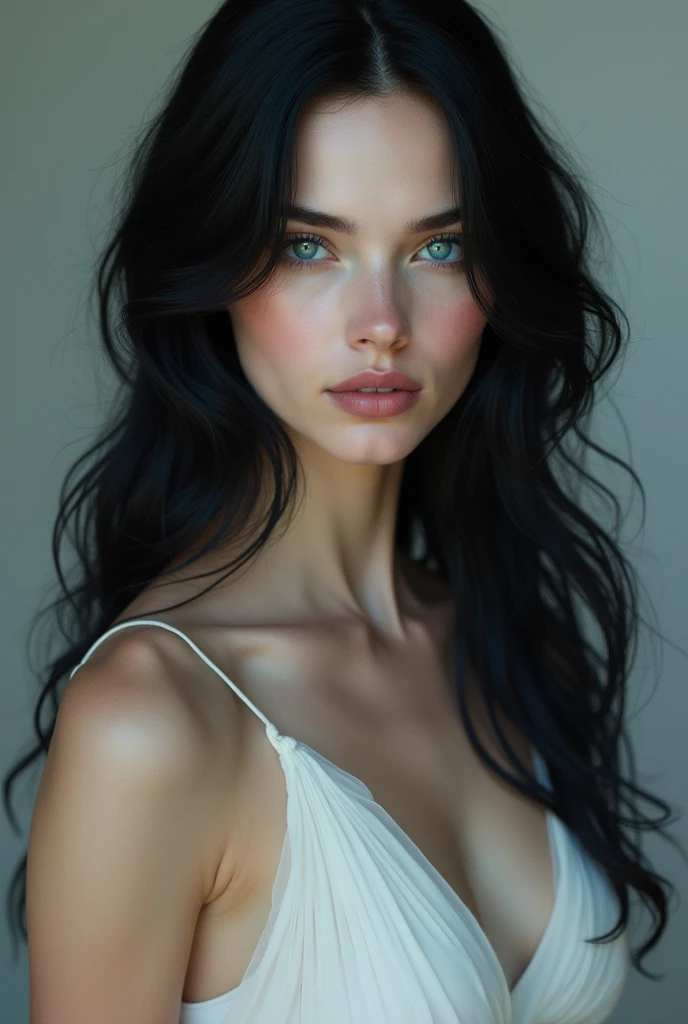 1 young girl, Russian, with long black hair, blue eyes, with a girl's face and white skin, hourglass body