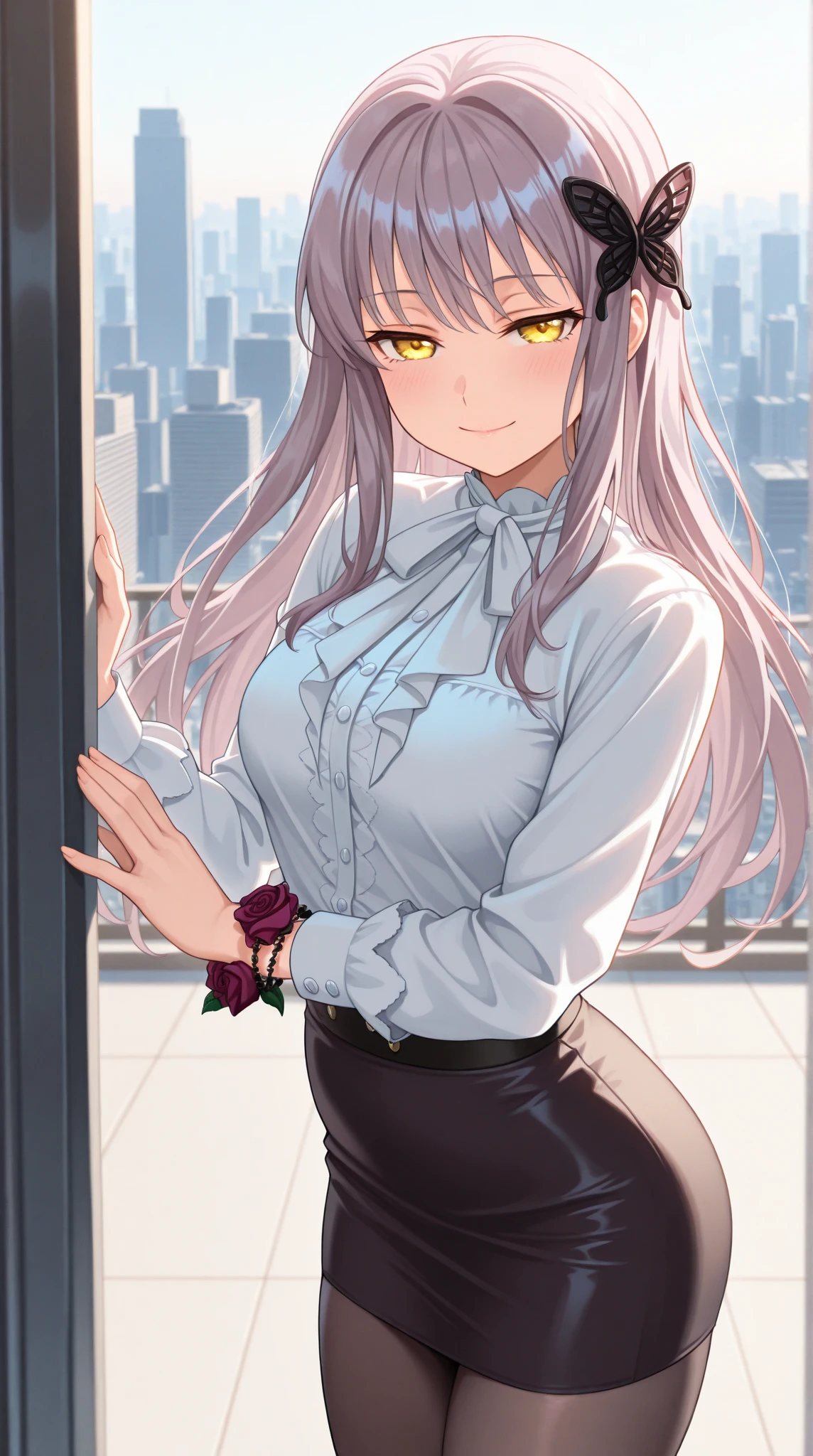 masterpiece, best quality, very aesthetic, Enchanting Eyes, JeddtlIL, 1girl, solo, seductive smile, closed mouth, medium breasts, minato yukina, long hair, grey hair, yellow eyes, yukinadef, def butterfly hair ornament, def rose bracelet, def shirt, white shirt, def skirt, def pantyhose, standing, cowboy shot, outdoors, cityscape, scenery