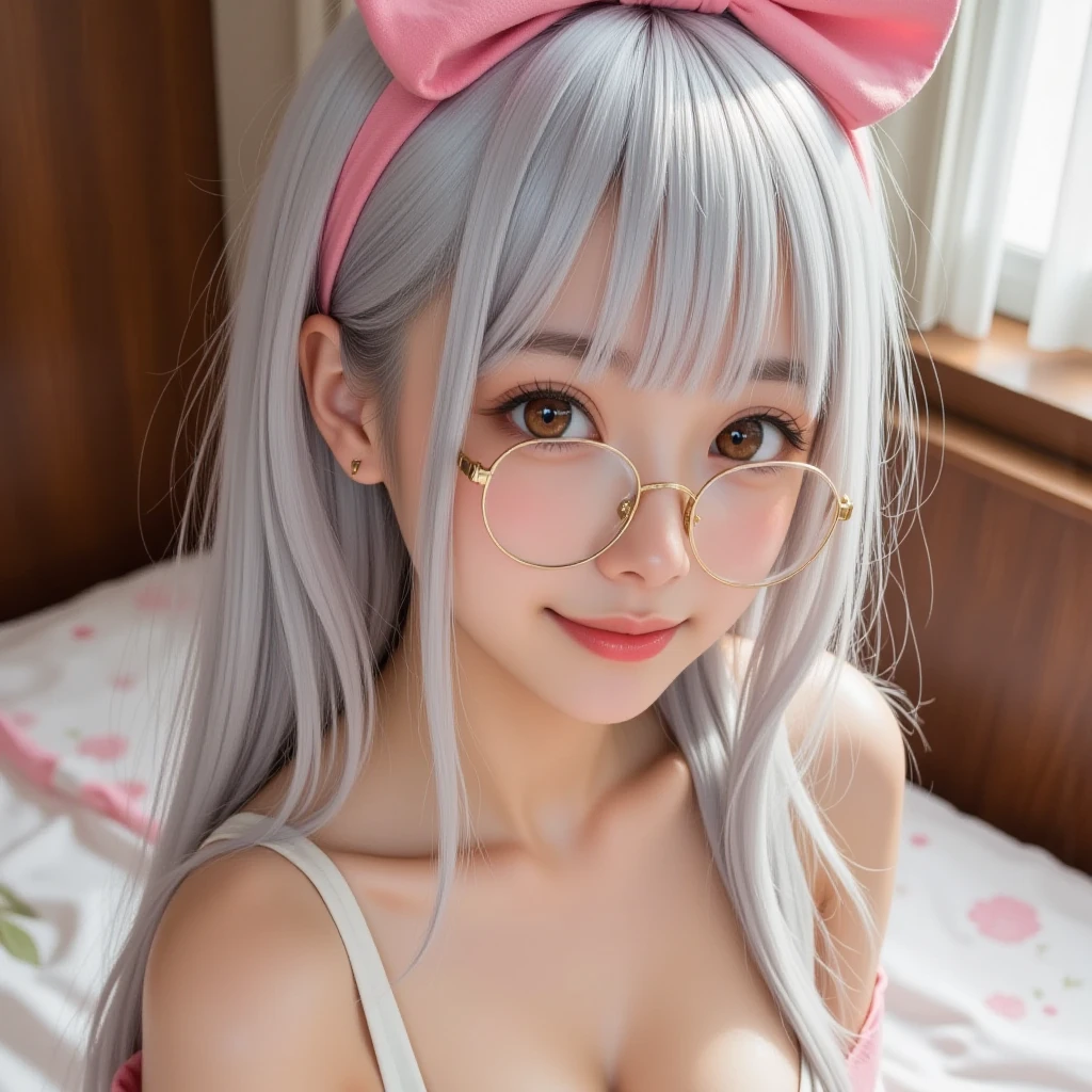masterpiece, best quality, 1 girl, detailed beautiful face, ((pink nurse)), bent over, down blouse, smilingshort hair, waved hair, twintail, white hair, nurse uniform with a few buttons unbuttoned, pouting, kissing