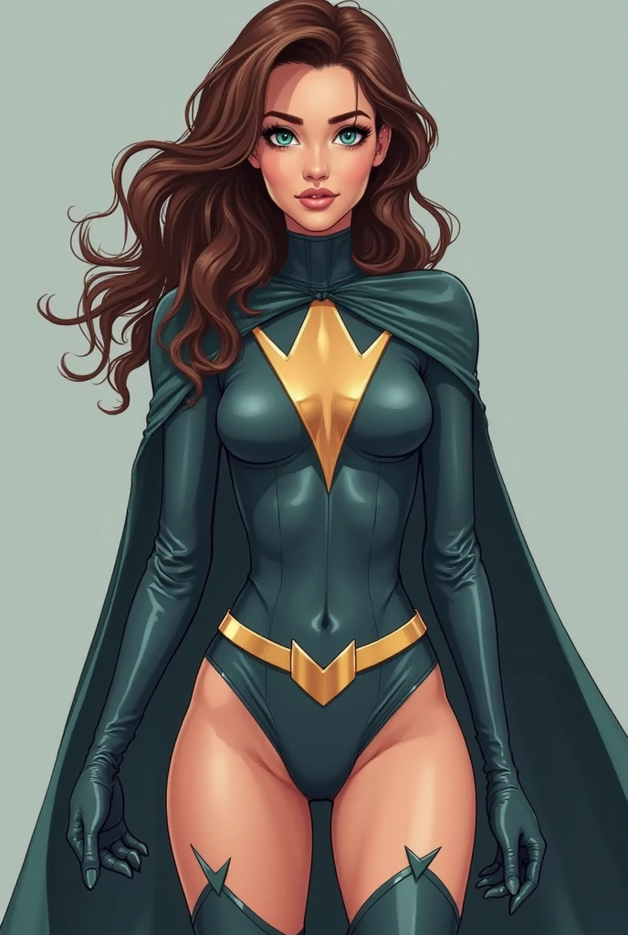 Absurd resolution, high resolution, (masterpiece: 1.4), hyperdetail, 1girl, facial focus, night, mature, beautiful and sexy woman, a powerful superheroine wearing yellow cola and green long cape, serious and cold expression, flying over the city skies (1.3)