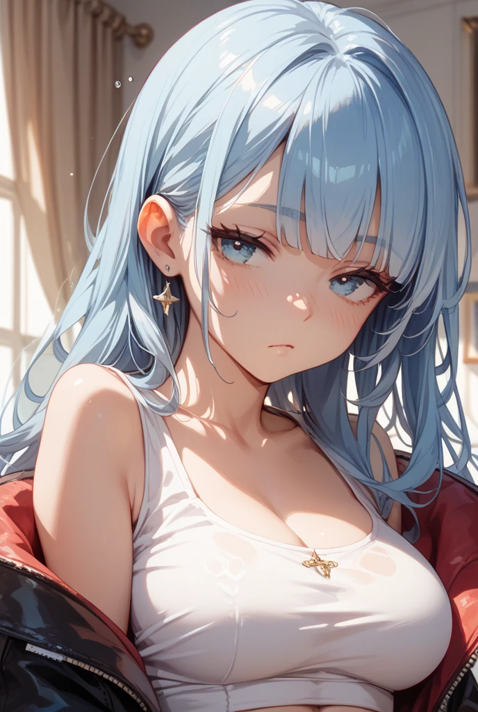 (best quality:1.5, high resolution, Ultra HD, 4K, Detailed lighting, Shaders), White and blue hair, Gradient hair, Large Breasts, Set, Grey shirt, Social shirts, Short skirt, Mature woman , (Throw), White background, Colored eyeshadow, Dramatic Lighting, Bright Eyes, Emotional expression, Gold earrings, Flowing hair, Exquisite facial features, Dark Skin, High cheekbones, rain, city environment, White background, Don't look for the camera, Lean over, View from behind, Wet by the rain.Super big breasts,Open mouth drooling,Blushed