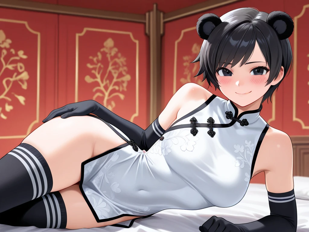 A young girl wears a blue and white silk cheongsam, face, double ponytail hairstyle, white knee-length stockings, and a pair of velvet elbow gloves, the gloves must completely wrap the fingers, and the gloves need to be specially drawn. The girl had no shoes, and the whole person was half lying on the bed