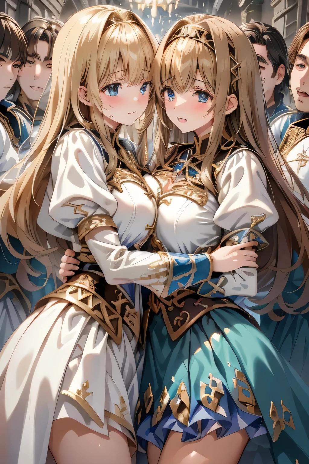 (    manga    、anime、story)、(    masterpiece 、    top quality、    super high resolution )、(    perfect face 、    facial beauty、      Beautiful Eyes  )、( shout、    resists   、    white line on the uniform is embarrassing  )、sweat、  Big Breasts  、  indivual   、    white line on the uniform is embarrassing  、 (      surrounded by lots of ugly men  、  Licking Man 、 bearded men surround women   )  、many hands touching women 、 medieval knight 、fantasy world、king、armor、(excessive cum、cum on body:1.2、cum in puss)、Chest to Chest、Two women hug each other、SZ_4po enviroment