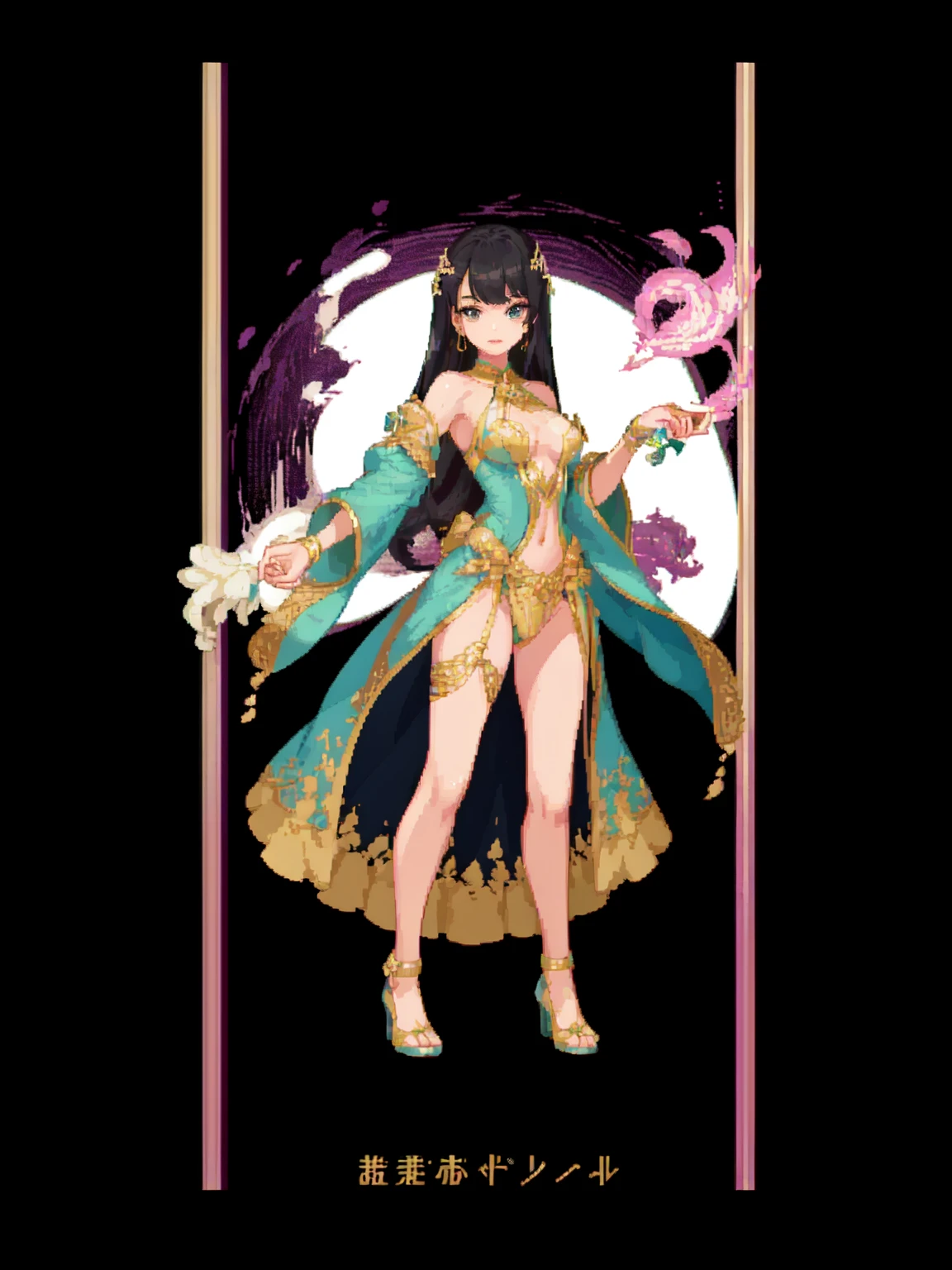 (masterpiece、top-quality、top-quality)、pixels、Pixel art、One girl with loose light light brown vertical curly hair and red eyes、Obscene traveler's costume with a lot of black exposure、full body Esbian、large boob、Obscene tattoos