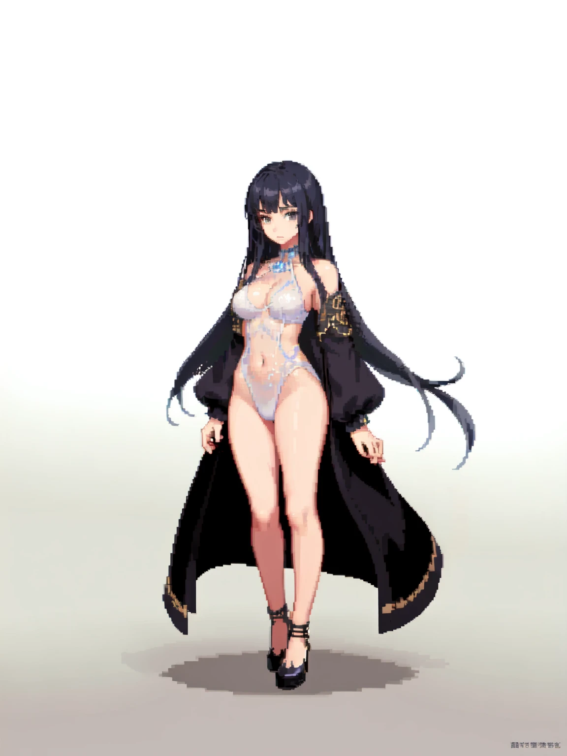 cute elf girl, (violet hair), ((very long hair)), perfect face, (yellow eyes), (naked), ((flat chest)), ((21 years old)), skindentation, extreme detail, attractive angular face, red lips, pink nipples, glossy skin, detailed hair, full body, close-up chest, ornamental gold necklace, gold earrings, ((1 girl)), embarrassed expression, innocent smile, (high heels), standing, long legs, ((slender)), ((petite)), blush, white background,