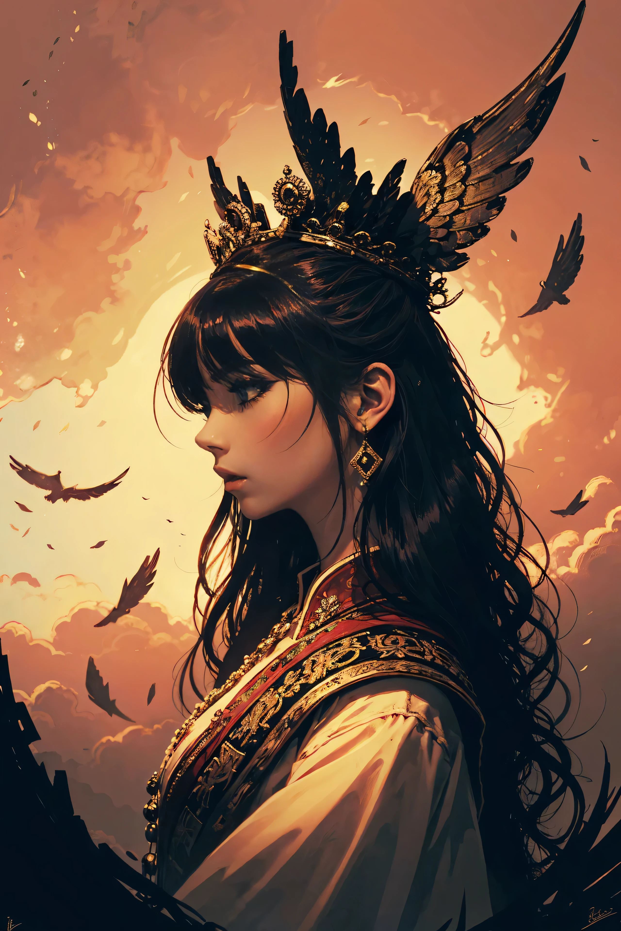 (Bust, close-up), beautiful ancient Chinese empress, beautiful modern face, Big expressive eyes , A Heartfelt Hug, gentle expression, traditional royal makeup, decorative jade crown and earrings, elegant Han dress with gold and red embroidery, exquisite silk texture, cinematic soft lighting, ink style background , ink painting effect, Black Mist, casual phoenix silhouette on background, blurry ink brush wings, Ethereal vibe, Peaceful Feeling , Composition of a movie poster, masterpiece, Super Detail, 8k