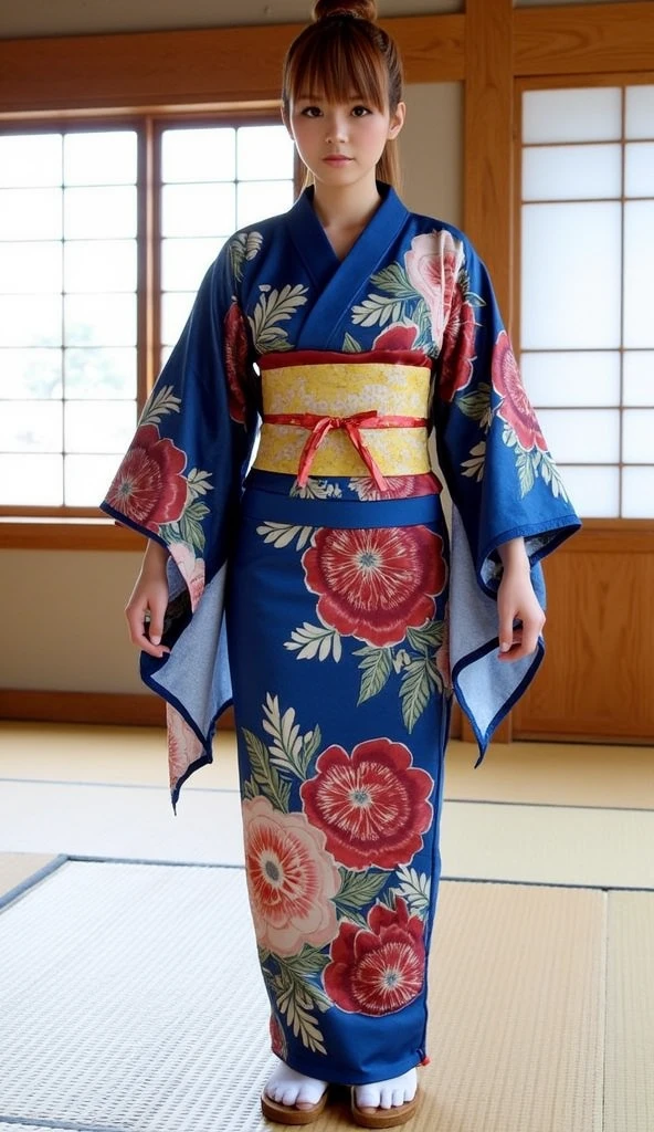 Kasumi model (Dead or Alive 6), Obra-prima, high resolution, Ultra HD, Modelo HD, Tall details, wearing beautiful and well-detailed flowery blue kimono, wearing Japanese-style wooden slippers and white socks, The kimono has a slit showing off your leg. she is in a dojo.
