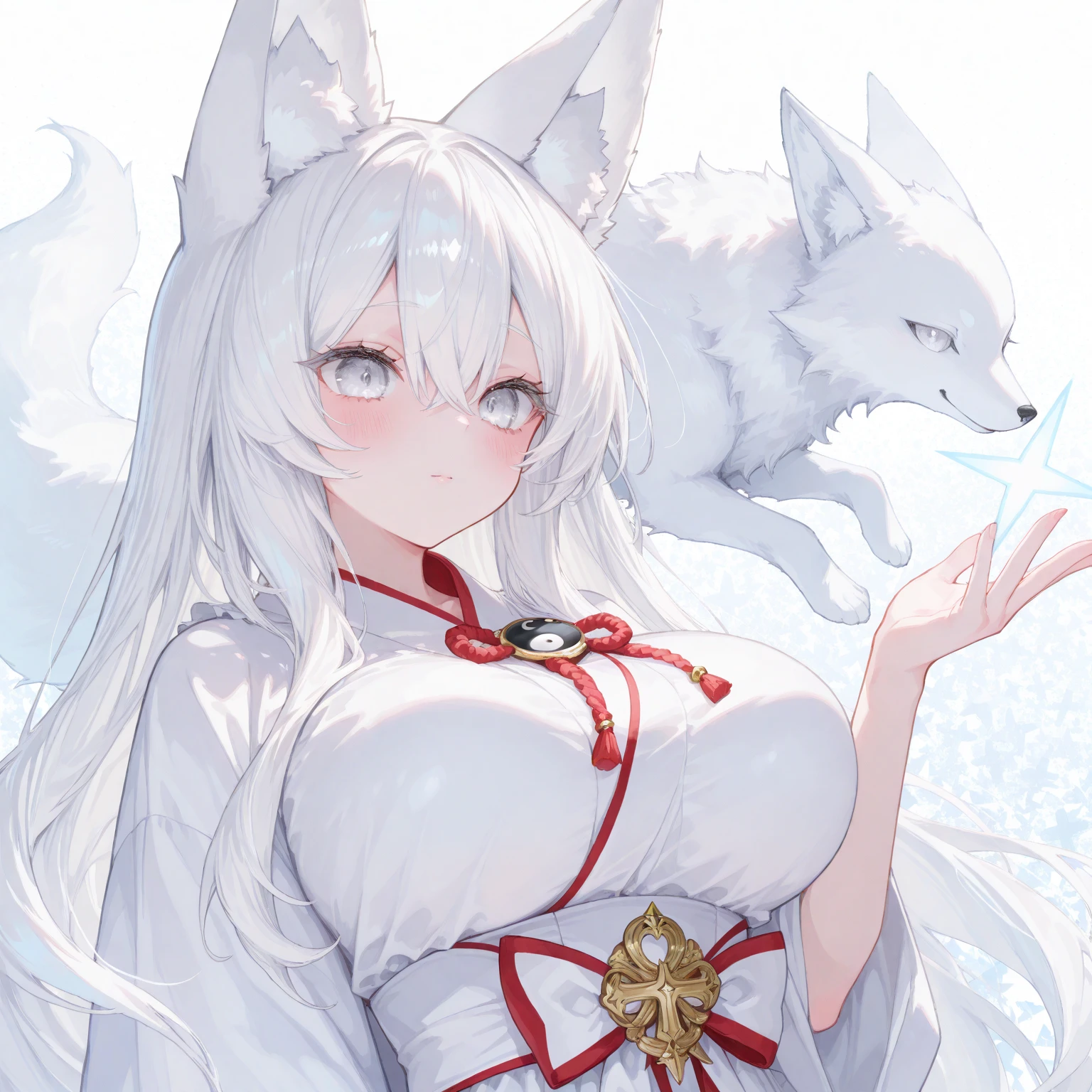 a mesmerizing portrait of a fox spirit, with enchanting eyes and a mischievous smile. The fox spirit has a graceful and alluring appearance, with flowing fur and a slender body. The fur is vibrant and glossy, with a mix of fiery red, golden, and white tones, creating a captivating color palette. The eyes are deep amber, shining with a mysterious wisdom and playful energy. The lips are delicately curved, adding to the fox spirit's captivating charm.
The artwork is created using a combination of traditional painting techniques and digital rendering, resulting in a rich and textured medium. The brushstrokes are visible, adding depth and dimension to the artwork. The details of the fur are meticulously rendered, showcasing the intricate patterns and textures. The painting style has a touch of fantasy and magic, with hints of whimsy and enchantment.
The scene is set in a lush forest, with dappled sunlight streaming through the canopy of trees. The fox spirit stands on a moss-covered rock, surrounded by vibrant wildflowers and tall grass. The gentle breeze rustles the leaves and the sound of chirping birds fills the air, creating a serene and mystical atmosphere.
The image quality is of the highest standards, with incredible clarity and sharpness. Every detail, from the individual strands of fur to the intricate patterns on the fox spirit's robe, is brought to life with stunning precision. The colors are rich and vivid, with a harmonious blend of warm and cool tones that adds to the overall atmosphere of the artwork.
The artwork exudes a sense of ethereal beauty and captures the essence of the fox spirit with its captivating gaze and enchanting presence. The lighting is soft and illuminates the scene with a warm and inviting glow, highlighting the fox spirit's features and creating a mesmerizing visual experience.
In summary, this prompt generates an exquisite artwork of a fox spirit, portrayed with captivating eyes, a mischievous smile, and a graceful appearance. The artwork is created using a combination of traditional and digital techniques, showcasing the intricacies of the fur and the enchanting color palette. The scene is set in a lush forest, with dappled sunlight and vibrant wildflowers, creating a serene and mystical atmosphere. The image quality is of the highest standards, with incredible clarity and sharpness, bringing every detail to life. The artwork exudes ethereal beauty, capturing the essence of the fox spirit with its mesmerizing gaze and enchanting presence.