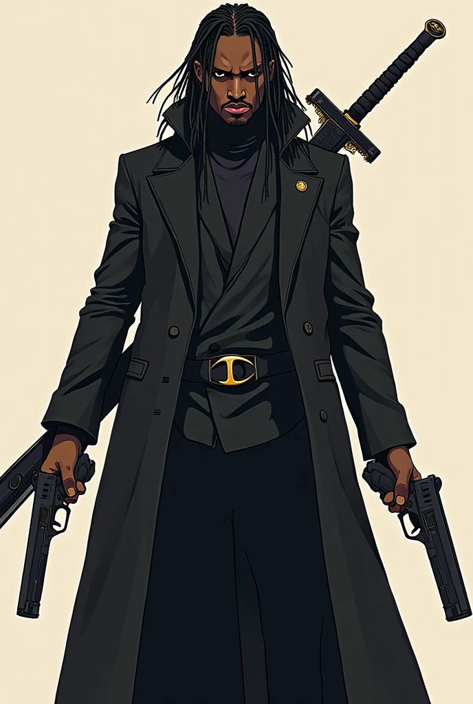A black animated guy,with long braids he is wearing a black coat ...