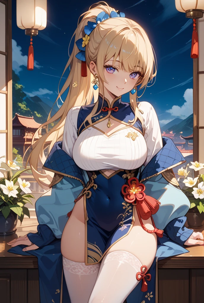 ((one personの女性)), Beautiful Face,Painful face,Blushing,Glossy lips,Abstract, night,Chinese imperial bedroom, ((Anime style background)),masterpiece, highest quality, so beautiful, Absurd, Complex details, (Pink long nails),AI-generated, Complex,High resolution, highest quality, super high quality,3D Images、View your audience、3D Images,one person,Long Blonde Hair,(Black root hair),High Ponytail,blue eyes,Anime woman posing for a photo, [[Fine grain、Colorful eyes、Shining Eyes:1.15]],(Squint your eyes:1.1) ,(Pink long nails),Blonde anime woman with long hair, Smooth anime CG art, Beautiful Chinese court lady, Chinese Imperial Court Heavenly Maiden Clothing,A luxurious robe embroidered with gold,Light blue outfit,Flower Hair Ornaments,Earrings,(Big Breasts:1.3),Exposed nipples,(Vagina overflowing with semen),Sweating all over the body,Mature Body,Tall,Big Ass,Fine details,Trained abdominal muscles,(Leg spread),Lying down,Bring your hands close to your chest