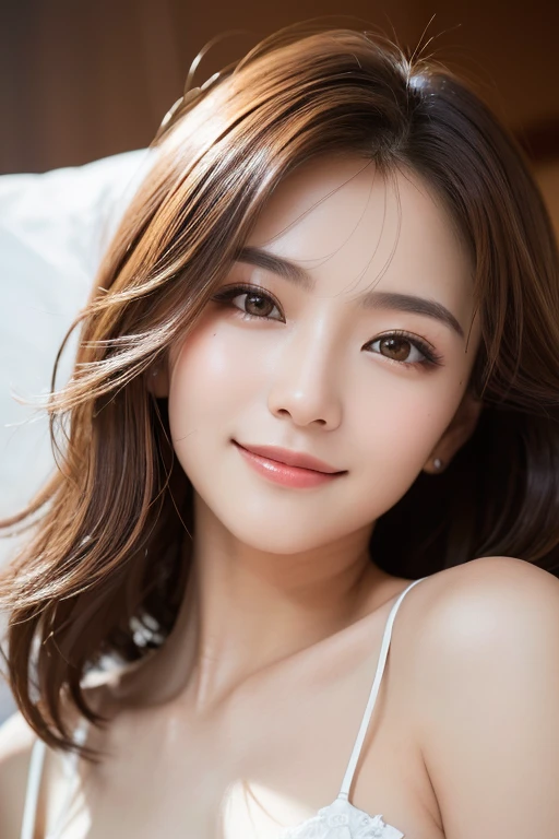 (naked:1.2),(Ultra-high resolution, highest quality, masterpiece: 1.2), (Realistic, PhotoRealistic: 1.37), Super detailed, (Lying in bed: 1.2), Professional Lighting, Photon Mapping, Radio City, Physically Based Rendering, masterpiece, Rich details, (Beautiful Face),(Fine Eyes), (Clear Face), (Detailed face description), (Detailed hand description), (masterpiece), Realistic, Extreme light and shadow, Shiny skin,Shiny Hair, One Girl, 18-year-old, Japan, cute, (smile,Happy:1.3),(Gradient Brown Hair, Long Hair:1.2),Small Tall, thin: 1.2, double, Disheveled Hair, fine clavicle, clavicle, (Large Breasts:1.37), Beautiful thighs, (Leg spread:1.3)