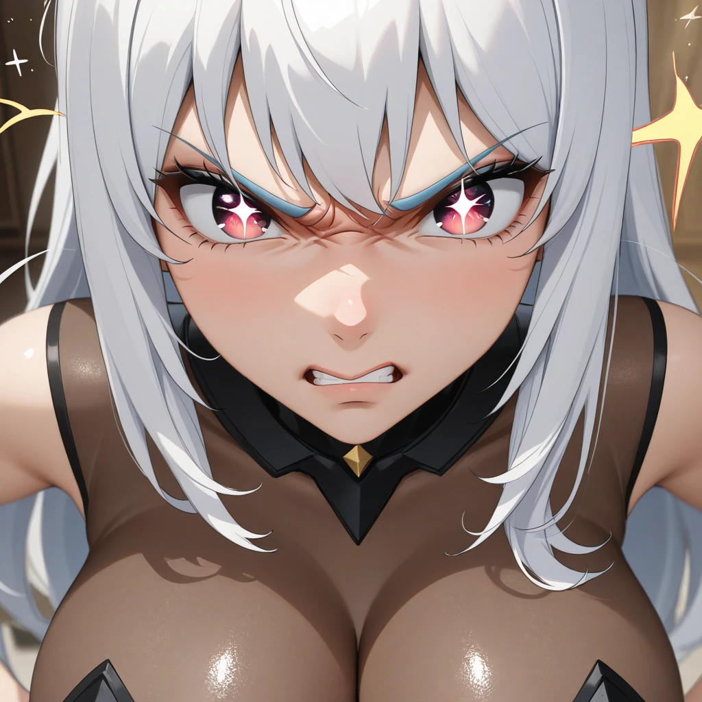 girl muscles huge breasts pale skin black long hair yellow eyes sad blushing solo frown