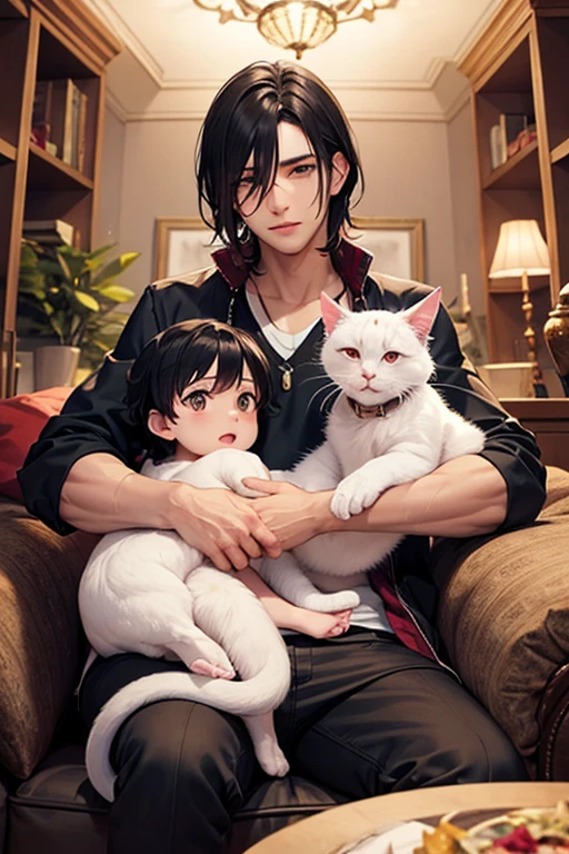 A young man and three little kittens,3 kittens,A young man surrounded by small kittens,Fresh young man,A young man with a lovely, gentle smile,Young man with his mouth wide open,Cats surround the screen,Cat smiles too,color々Kittens of all kinds,A bright, sunny room,Inside the room,On the bed,Black-haired man,Straight hair man,Male around 20 years old,anime
