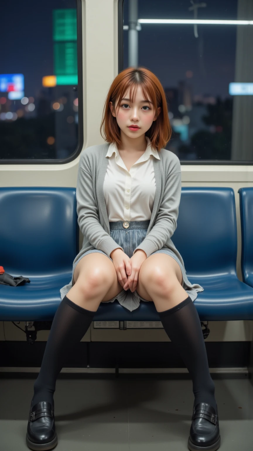 (masterpiece、ultra-detailliert、8K、Raw photography、top-quality:1.5)、((Awesome))、1人の女性、beautiful detailed hand、Shorthair with bangs、(((Black pantyhose)))、(((legs crossed)))、hi-school girl、18year old、((directly in front))、校服、Wearing a black hoodie、((navy check mini skirt))、On the train、blue-sky、sitting on