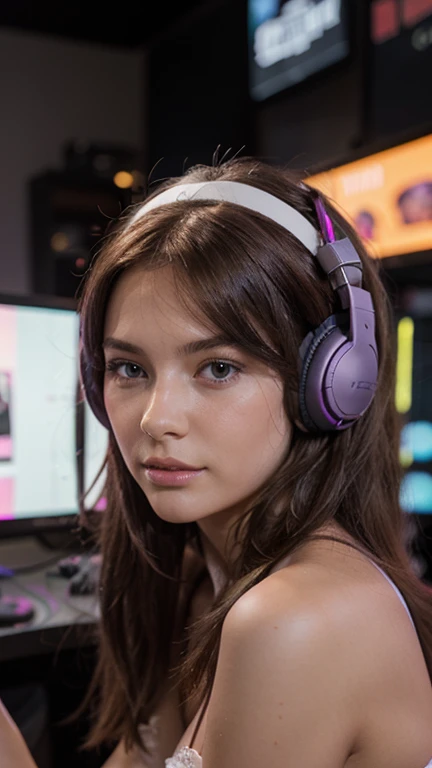 generate an potrait of girl listening to music in music club with reflection of purple light on face with plain baground