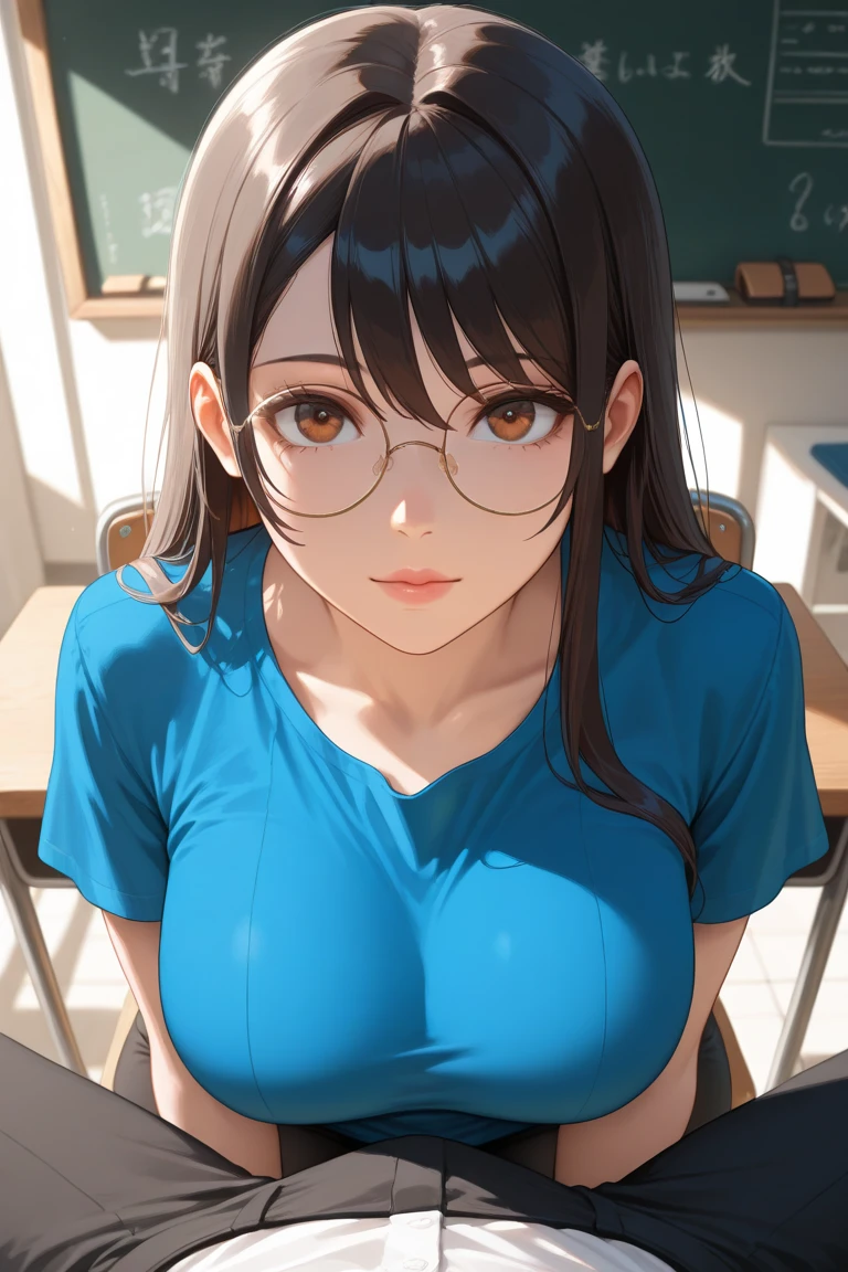 (masterpiece, best quality:1.4), 8k, Brunette Straight Hair, Hair Band, Glasses, Young adult, anime girl, Shy smile, Shy, light Blue Eyes, Big chest, black Turtleneck, White sweater (detailed eyes and face, sharp pupils, realistic pupils:0.6)