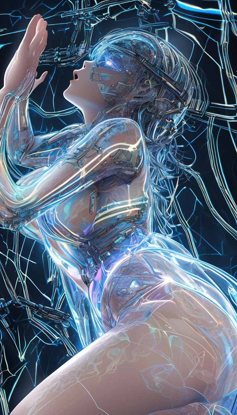 8K,RAW Photos,Highest quality,masterpiece,Realistic、Realistic,woman,Android,cyborg,A body made of machines,Age 20,Glamour,whole body,Long legs,Electronics bones,See-through skin,Glass Skin,Visible electronic systems inside the body,See inside the body,Connection line,whole bodyに光るチューブ,Connected glowing wires,A body made of machines,Wet body,Gray long bob hair,wet hair,messy hair,double eyelid,Big eyes,Glowing LED lamp,Advanced AI, Seamless integration of organic and mechanical elements,息を呑むほど美しいwoman型ヒューマノイドcyborgAndroid,Neon Background,white,transparent,Fetal position,In the water,Big Bubbles,Glowing Cybernetic Implants,future,Glamour,Large Breasts,