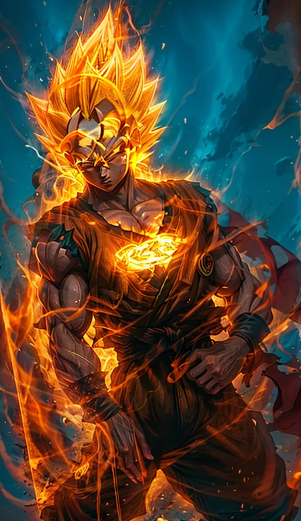 muscular Phoenix character with Phoenix power and super saiyan fire hair with Phoenix costume and bright red led and royal blue and gold. and the symbol of the Phoenix yellow led glowing on the chest and with fire bracelet and with fire boots and Phoenix belt and the eyes of fire