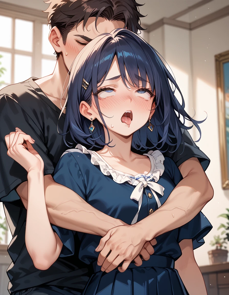 masutepiece, Best Quality,Illustration, Wallpaper, ultra -detail, Lori、(((molesting)))、Detailed eyes, Complex hairstyle、Sareme、((fear:1.5))、(Teary-eyed:1.5)、(((Cute underwear)))、(blouse、skirt by the)、ample breasts、((Morester))、((Girl being taken off her skirt by a man))