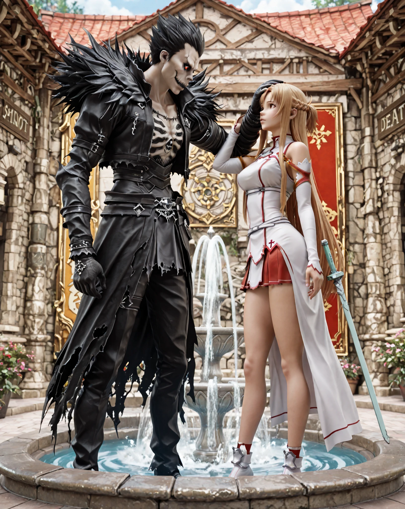 Masterpiece, best quality, amazing quality, absurdres, very aesthetic, (a split panel image:1.42), (top panel\(Ryuk from Death Note, sh1n1gam1, standing with hand on head, exterior, fantasy village, fountain, sword art online styled)\), (bottom panel\(Asuna from Sword Art Online, aaasuna, standing with hand on head, in the world of the dead, land of shinigami from Death Note)\)