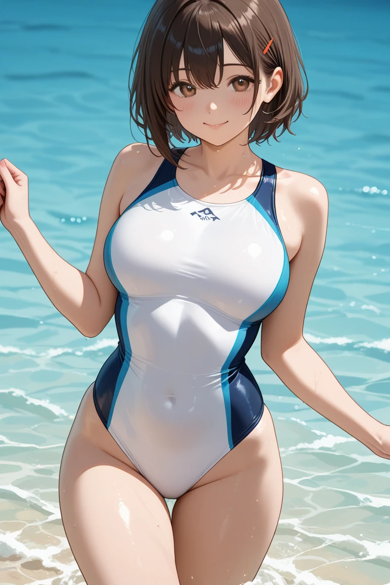 1girl, natural lighting, masterpiece, highly detailed, illustration, game CG, absurdres, high quality, aichan, large breasts, beautiful detailed eyes, short brown hair, side braid, light smile, swimsuit, sitting, on a rock