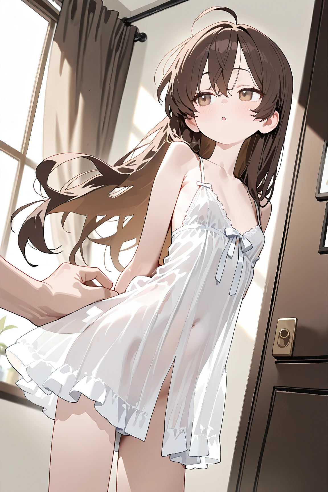 best image quality, high image quality, masterpiece, black hair, hotel, sitting girl, sexual smile, two girls Not wearing panties Two girls with visible NSFW crack Beautiful braless undressing, tongue drooling, blush, see-through dress, visible, angle from below, touching partner's crotch, taking off partner panties, looking, breastfeeding, showing each other, POV