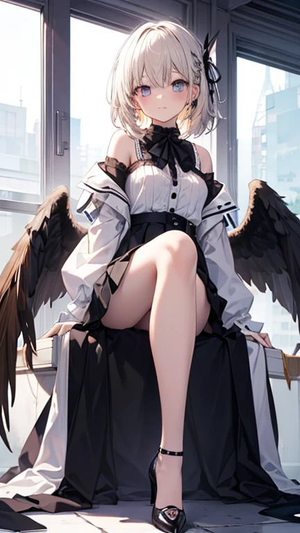 giant girl 50,000 feet high,Weight 1000kg,Has a pair of long legs,Open your eyes wide,Has three pairs of huge white angel wings,With huge devil horns on his head,crown on head,Elf wearing white earrings,She has long pink hair that reaches her feet,loose hair,Pink wavy long curly hair,Wearing a pair of black boots,White sleeves,Wearing white lace pantyhose,Pantyhose with bow and star decorations,白色蕾丝whole body,sitting on a tall building,Beautiful appearance,Exquisite makeup,quality,8k,高quality,Perfect proportion, Cinema lighting,film grain,Fuji colors,8k,textured skin,Super details,high detail,high resolution,charming,blood stains,脚底有blood stains,whole body,Obese,elf princess,feather,flowers
