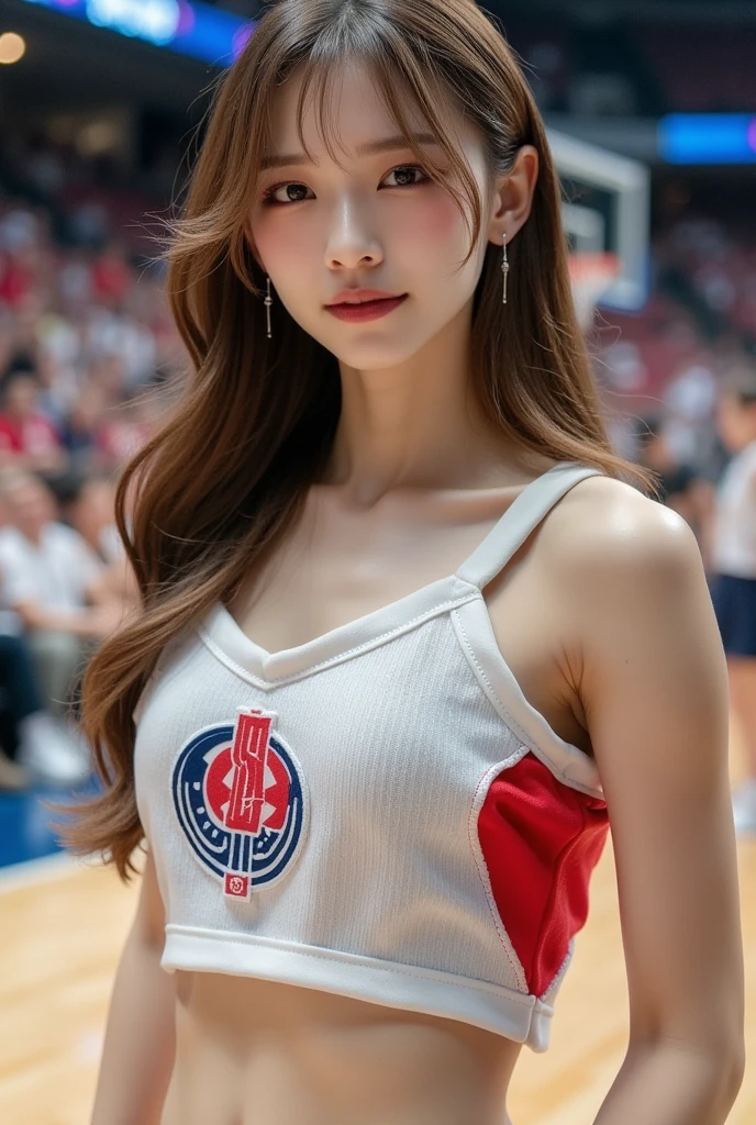 Masterpiece, Best quality, Ultra-high resolution, high detail photo,ultra HD,8K, Extremely detailed CG:1.2),(RAW photo,:1.3), (photograph realistic:1.4), 1girll , Young, Physically-based rendering, Cute, (finerly detailed face:1.4, Detailed clothes), (Detailed:1.4) Beautiful face, Depth of field, Add layer, hyper realistic, perfect body, skinny body, perfect , araffed asian woman in a basketball uniform posing for a picture, wearing basketball jersey, jaeyeon nam, korean girl, beautiful south korean woman, gorgeous young korean woman, wearing nba jersey, taejune kim, heonhwa choe, sun yunjoo, 8k artgerm bokeh, ig model | artgerm, hwang se - on, jinyoung shin, in basketball stadium, full body.