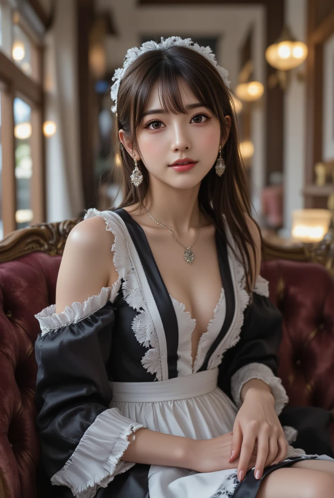 Special clothes39,maid, ((knee shot)), ((actual)), ((from above)), (close up), 1 Asian female model, A young girl, night, starry sky, (In the gazebo, sitting position, cross legs, leaning against pillars), pretty pose, Various postures attract attention, Detailed scene, bun hair, hairpin, beautiful hair accessories, Brownish-yellow hair, Light makeup, blush blush, lip gloss, beautiful legs, ((warm light, Warm color palette)), (Extremely high color saturation), detailed details, Super detailed, (masterpiece, best quality), (Extremely exquisite and beautiful work), exquisite earrings, exquisite necklace, simple blurr background, extremely detailed description, Ultra-fine painting, delicate face, slim body, thin waist, Smile, (anatomically correct)