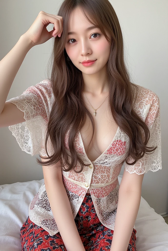 ((masterpiece)), portrait of a beautiful woman with medium brown, kneeing on a bed surrounded by blooming roses, 