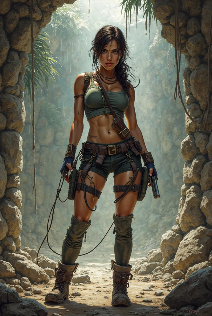 a beautiful woman in dystopian loin cloth and bra holding an extremely long machinegun in a desert cave waterfall, taking a bath, taking a shower, water splash, sun reflection, back lit, morning sun, sexy, sensual, dangerous, 8k resolution, photo realism,