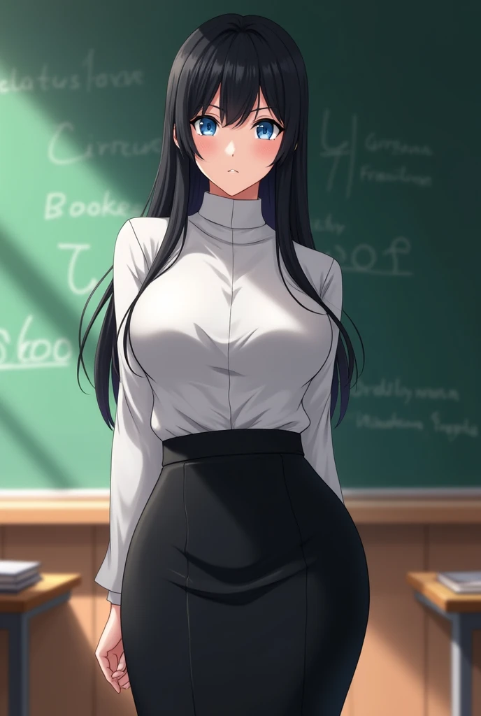 (((Highest quality, High resolution, , Pixel Perfect, 4K))),((Correct Anatomy))、((Sailor suit))、(((School classroom))), ((Highest quality)), ((intricate and detailed)), ((Black knee-high socks)), ((Mini Pleated Skirt))、irrational solution, Mature Woman, Mature Woman, perspective, Very detailed,(((Full Body Shot)))、Great style、(Long Hair)、glamorous、Sailor suit、mini skirt、black tights、(((The whole body is visible))), One Woman, ((ponytail)), Perfect hands, Detailed fingers, Beautiful details, Black Choker, Earrings, Black Stockings, Perfect Eyes, Captivating eyes