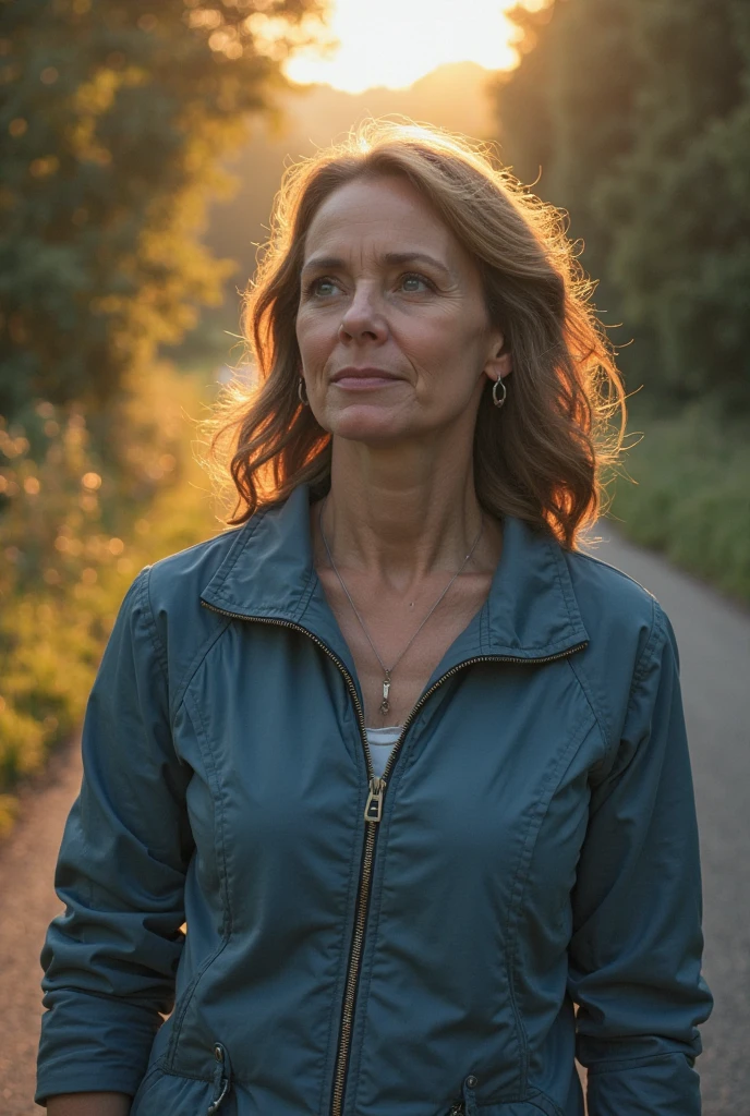 portrait, her name is Mia, high quality, 1 old woman, ((40-year-old guitar shaped body irish woman)), (((40 years old))), ((guitar shaped body)), wide hips, (wrinkled body), (old body), (((red hair))), (pale skin), ((green eyes)), she is wearing hiking gear, dynamic pose, BREAK, BACKGROUND: outdoor: forest trail in the afternoon, dappled sunlight, lush greenery, warm light, signposts, water bottles, benches, film grain