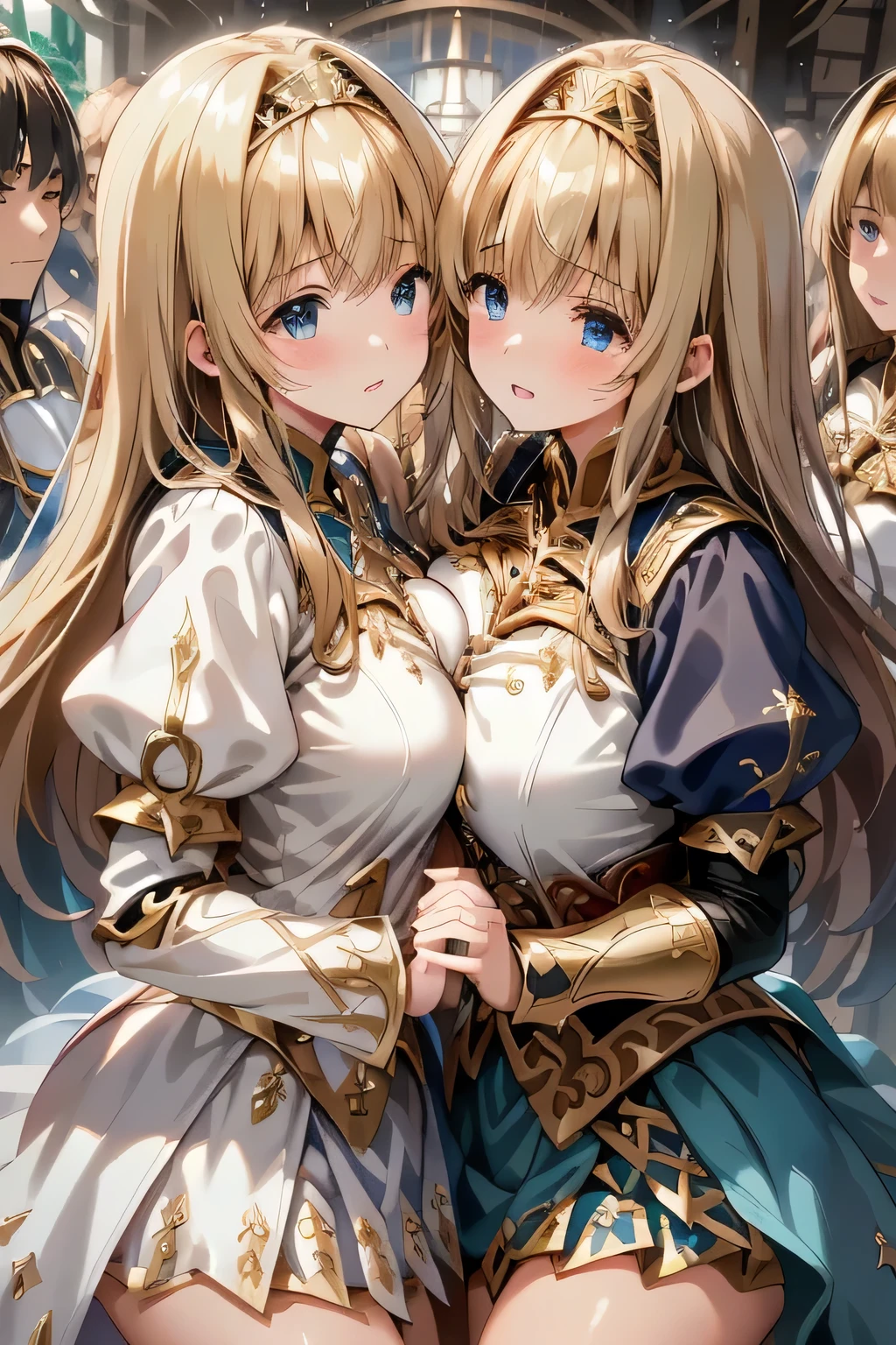 ( manga 、anime、story)、( masterpiece 、 top quality、 super high resolution )、( perfect face 、 facial beauty、 Beautiful Eyes )、( shout、 resists 、 white line on the uniform is embarrassing )、sweat、 Big Breasts 、 indivual 、 white line on the uniform is embarrassing 、 ( surrounded by lots of ugly men 、 Licking Man 、 bearded men surround women ) 、many hands touching women 、 medieval knight 、fantasy world、king、armor、(excessive cum、cum on body:1.2、cum in puss)、Chest to Chest、Two women hug each other、SZ_4po enviroment、nsfw:1.2
