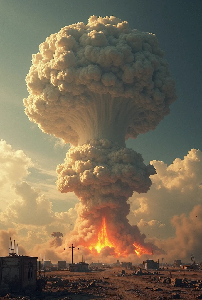 A nuclear bomb exploding in a country, Alta calidad 16K,ultra realista,vista,magic realism,cinematic look