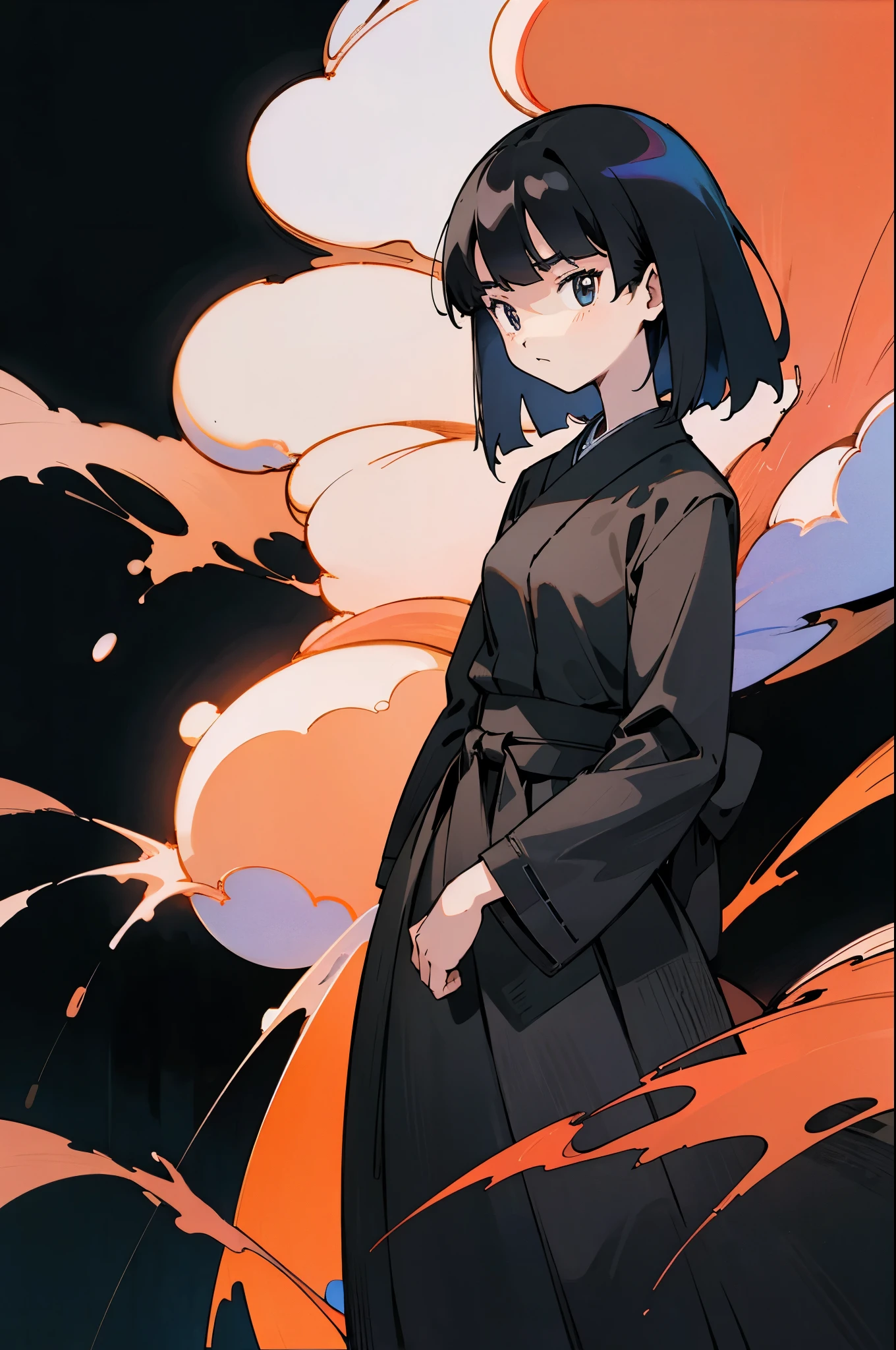 by Ken Sugimori, sugimori 1990s, ((only 1woman)), adult. black kimono, water background, full face mask, serious, glaring, ((hands behind their back)), full black pupils, manga, best quality, highly detailed, clean lines, cowboy shot, good hands, good eyes, hd, 8k, professional, symmetrical, hires, 8k,